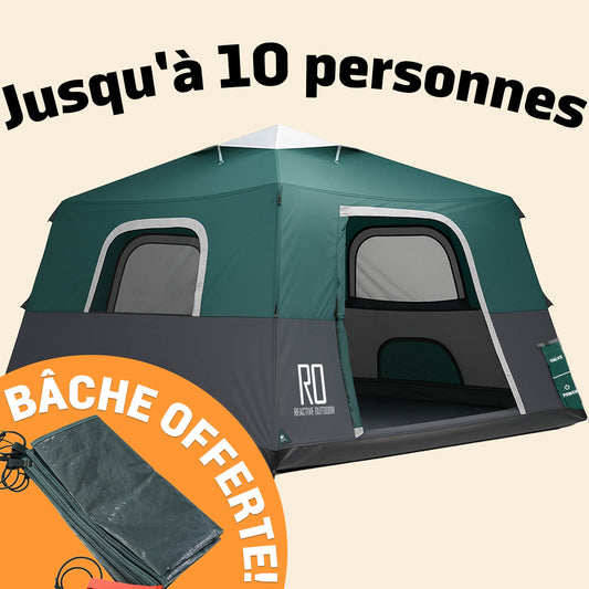 2-Step Cabin Tent – Très grande taille + Bâche de camping OFFERTE (jusqu’à 10 personnes, FR).