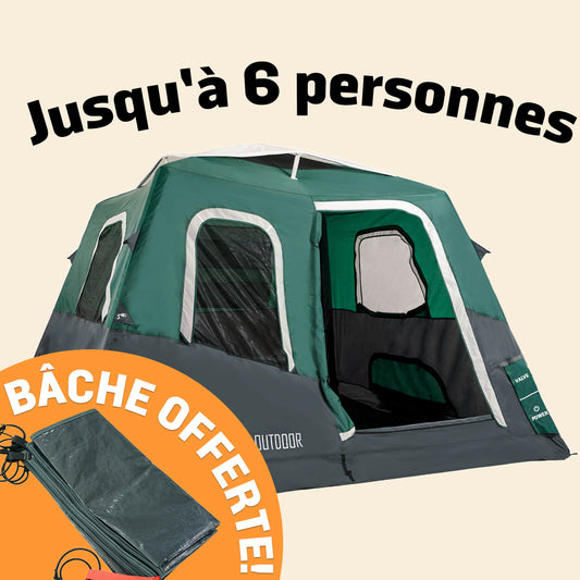 2-Step Cabin Tent – Grande taille + Bâche de camping OFFERTE (jusqu’à 6 personnes, FR).